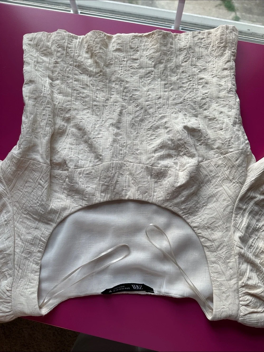 Zara Cream Textured Scoop-Neck Puff Sleeve Top